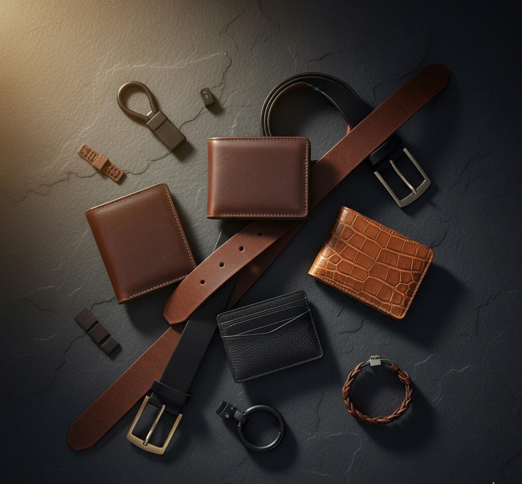 Luxurious flat lay of brown and black leather wallets and belts on a dark textured surface with soft golden lighting and elegant shadows