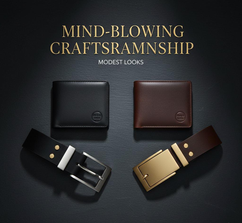 Luxury flat lay of brown and black leather wallet-belt sets by Modest Looks on a matte dark background with elegant lighting and gold accents