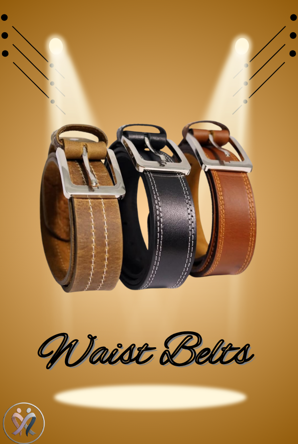 Three premium leather waist belts in brown, black, and tan displayed under dual golden spotlights on a warm brown background, showcasing texture, stitching, and craftsmanship.