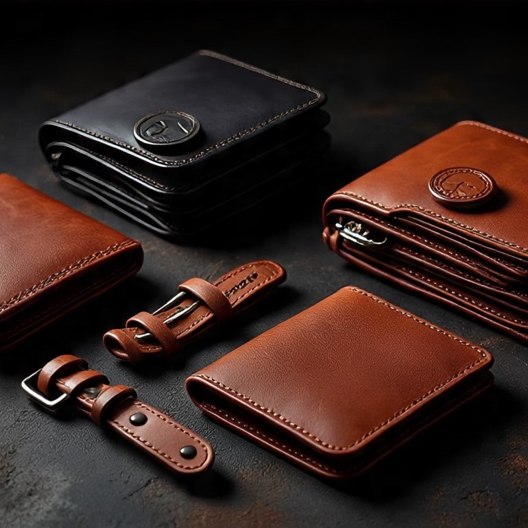 Elegant brown and black genuine leather wallets with matching belts showcasing premium craftsmanship by Modest Looks